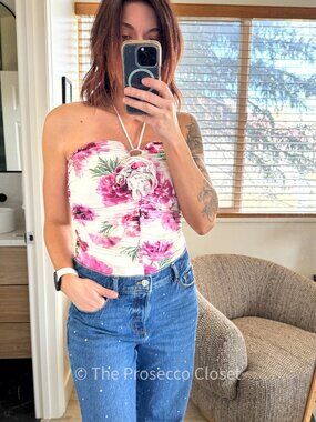 Express Romantic Coquette Floral Strapless Bodysuit (M)